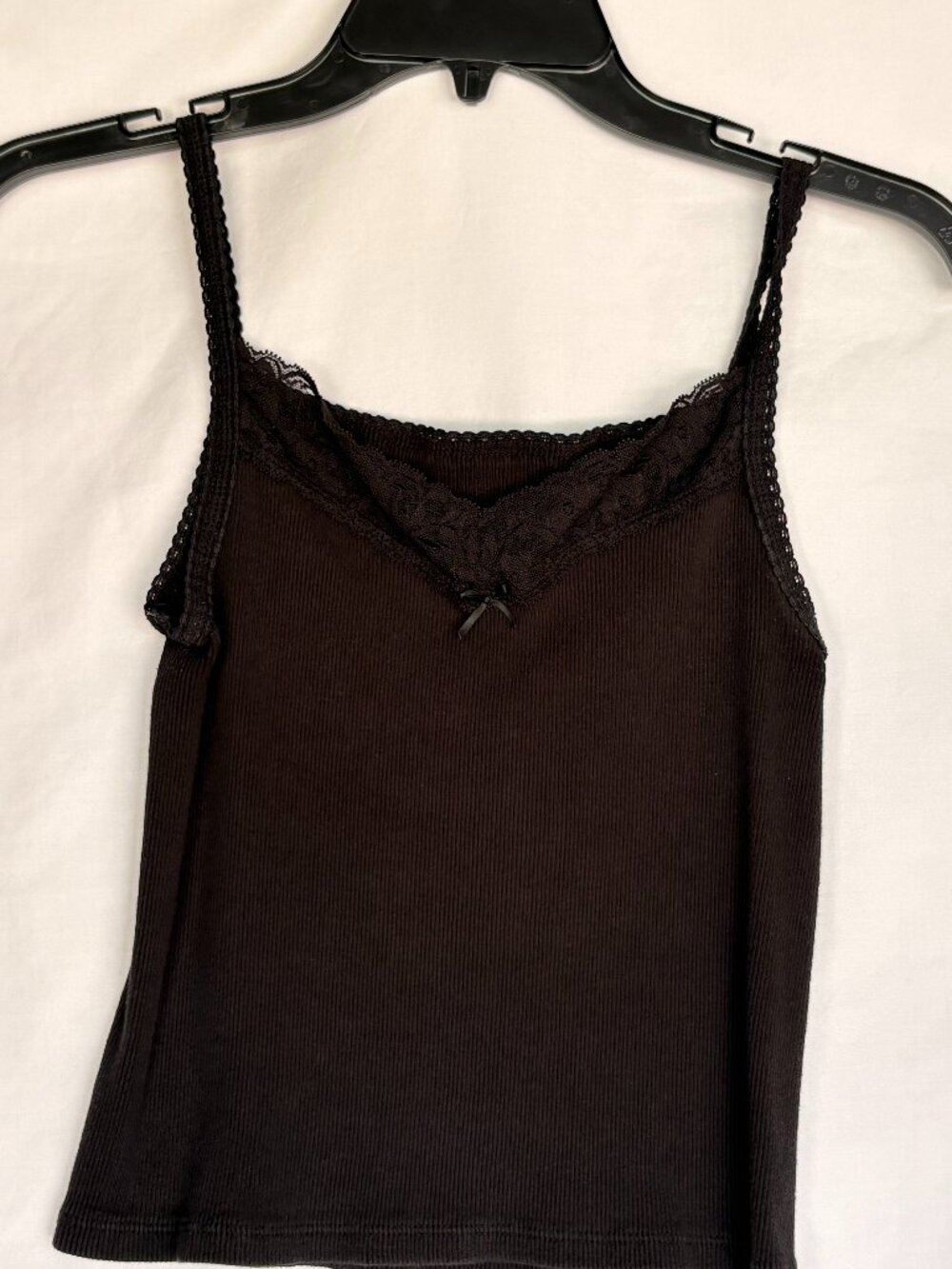 Black Lace Trim Ribbed Cotton Cami Tank Top Y2K Bow Detail